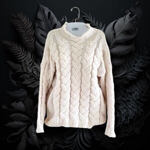 Chunky Cozy Cream Cable Knit Long Sleeve Funnel Neck Sweater (SIZE L)